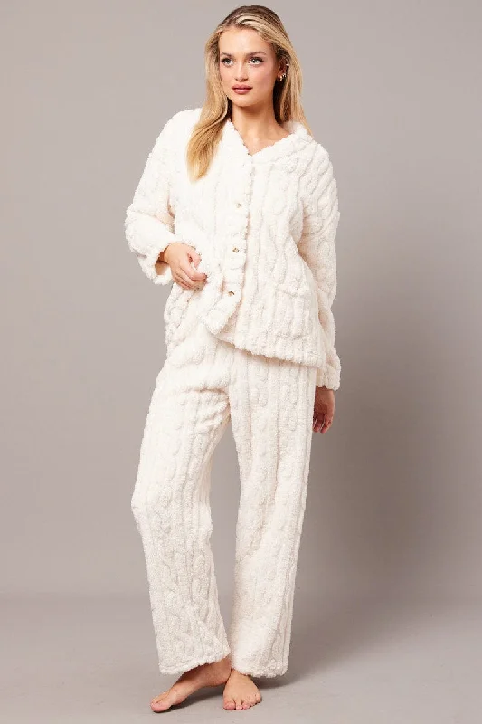 White Fluffy PJ Set Cable Fleece Pyjamas