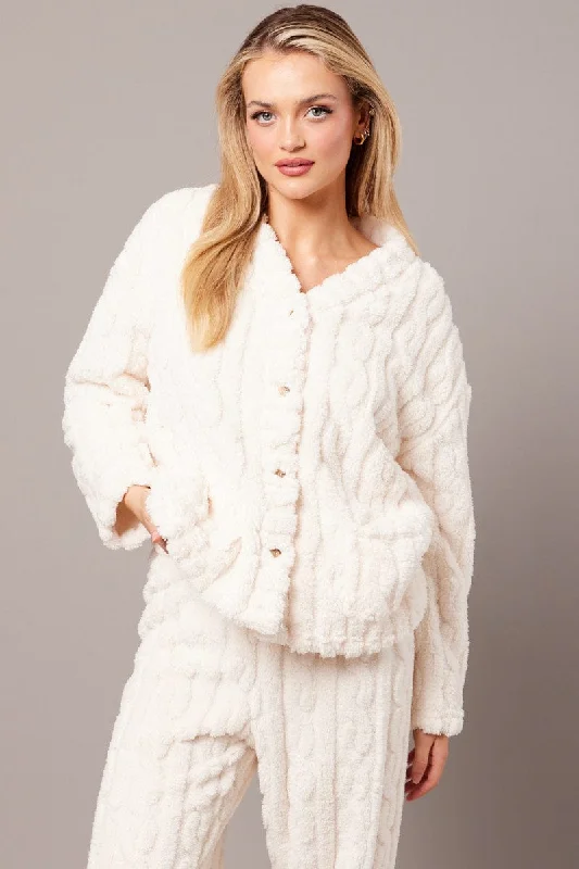 White Fluffy PJ Set Cable Fleece Pyjamas