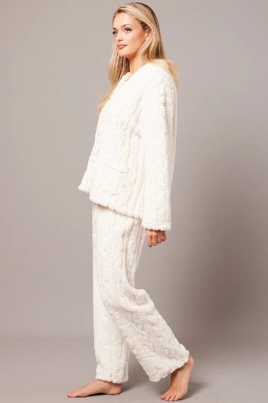 White Fluffy PJ Set Cable Fleece Pyjamas