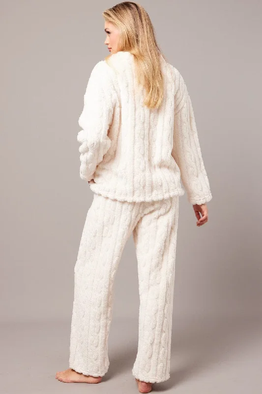 White Fluffy PJ Set Cable Fleece Pyjamas