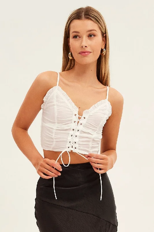 White Lace Up Ruffle Trim Corset Crop Top