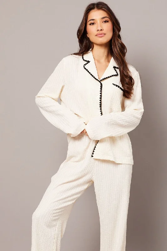 White Soft PJ Set Contrast Trim Long Leg Pyjama