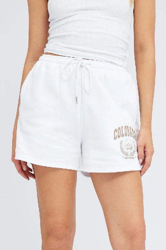 White Track Shorts High Rise Elastic Waist