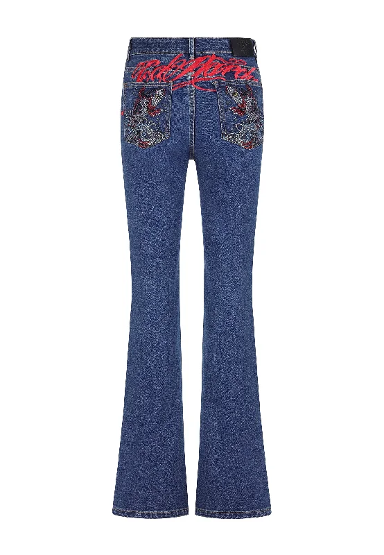 Womens Crystal Koi Flared Denim Trousers Jeans - Indigo