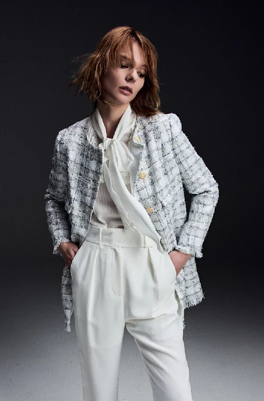 Thigh-Length White Plaid Coat