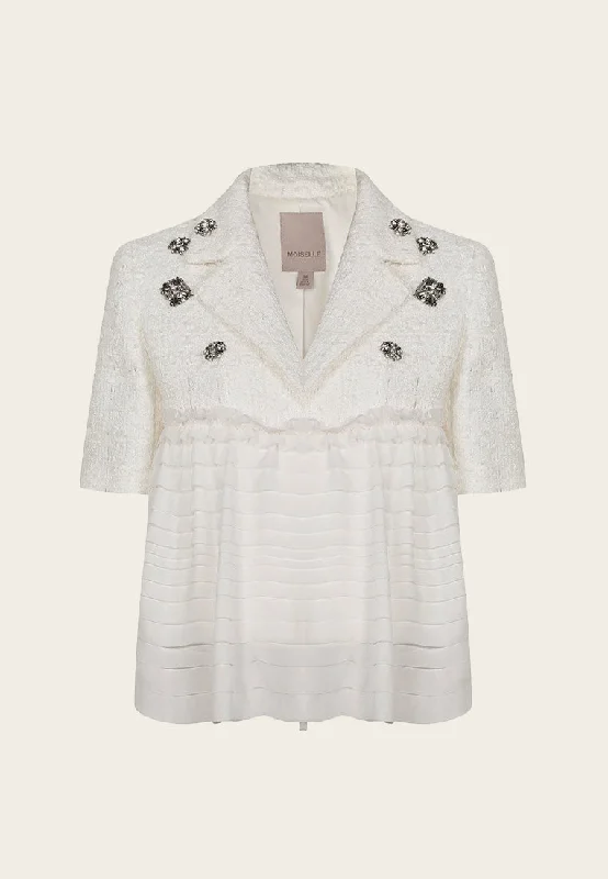 White Patchwork Rhinestone Embellished Tweed Chiffon Jacket