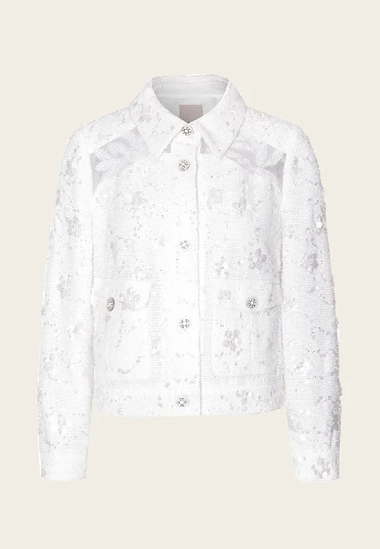 Lapel White Tweed Sequin and Bead Detailing Jacket