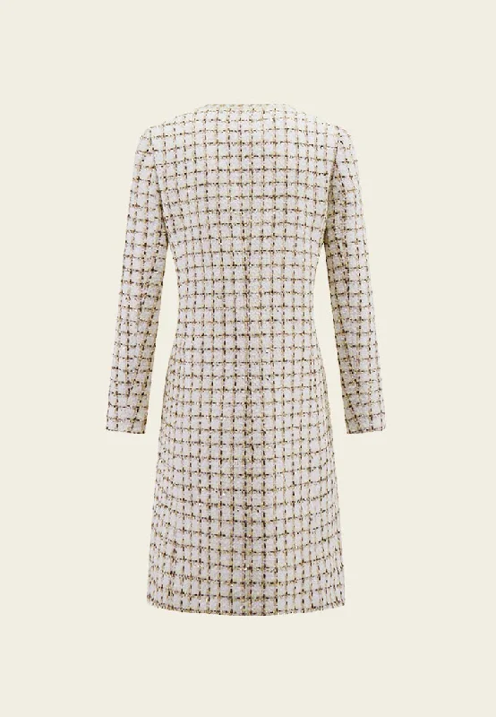 Check White Tweed Thigh Length Coat