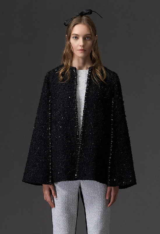 Black Rhinestone Embellished Tweed Cape