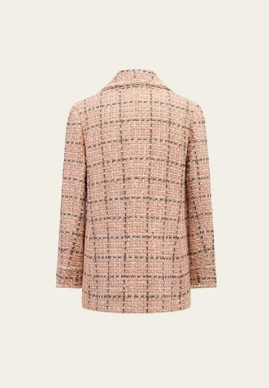 Pink Wool Plaid Tweed Double-Breasted Coat