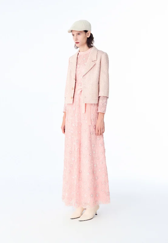 Pink Lapel Jacquard Cropped Jacket