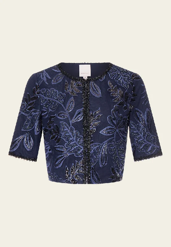 Dark Blue Embroidered Mesh Mid-sleeves Crop Jacket