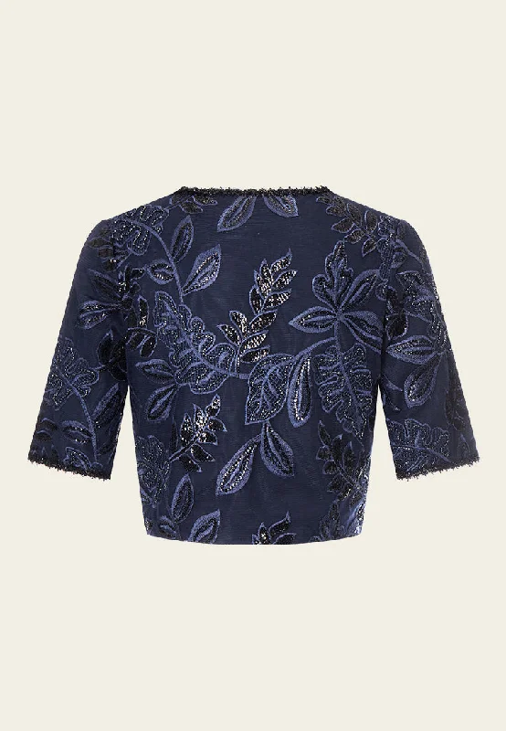 Dark Blue Embroidered Mesh Mid-sleeves Crop Jacket