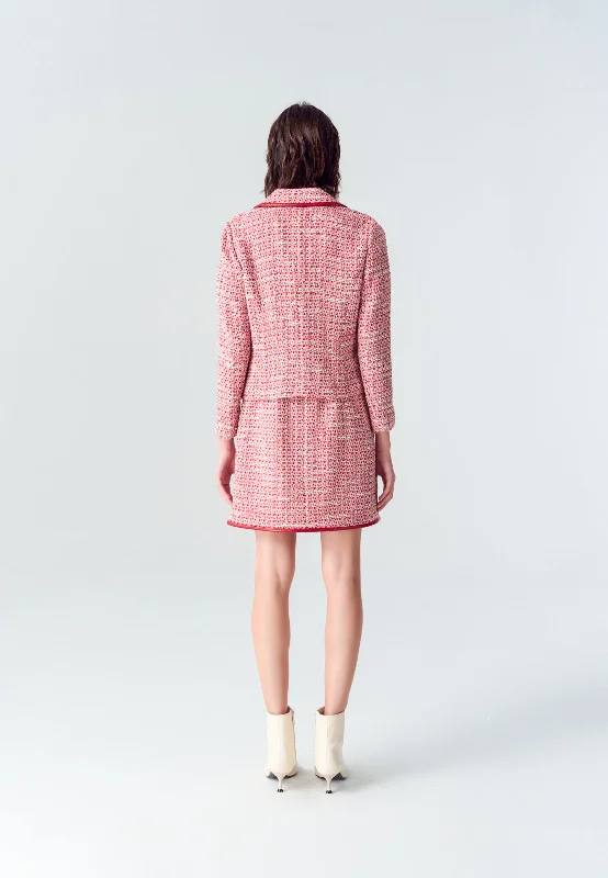 Red Leather-trimmed Collar Tweed Jacket