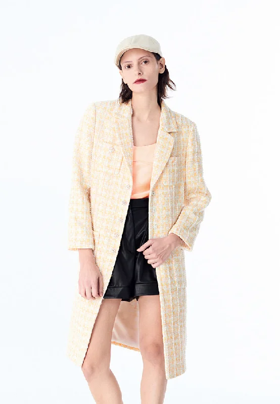 Yellow Plaid Tweed Lapel Long Coat