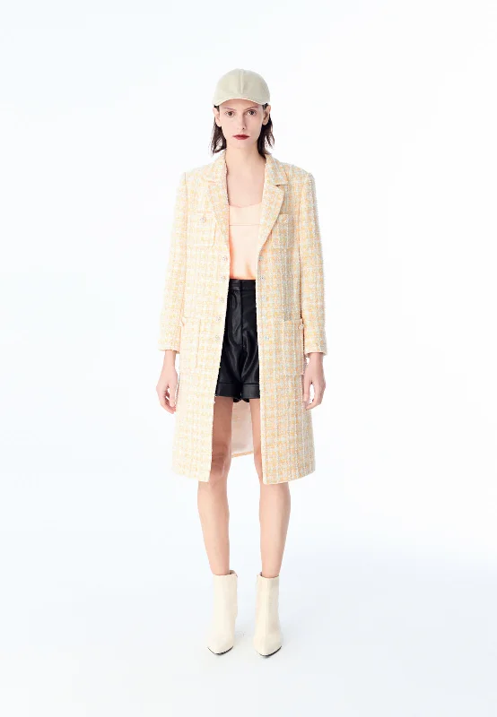 Yellow Plaid Tweed Lapel Long Coat