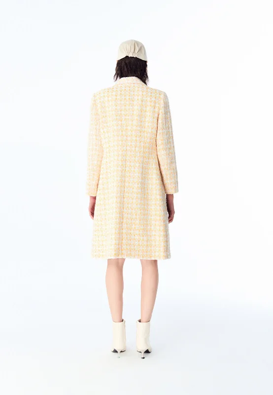 Yellow Plaid Tweed Lapel Long Coat