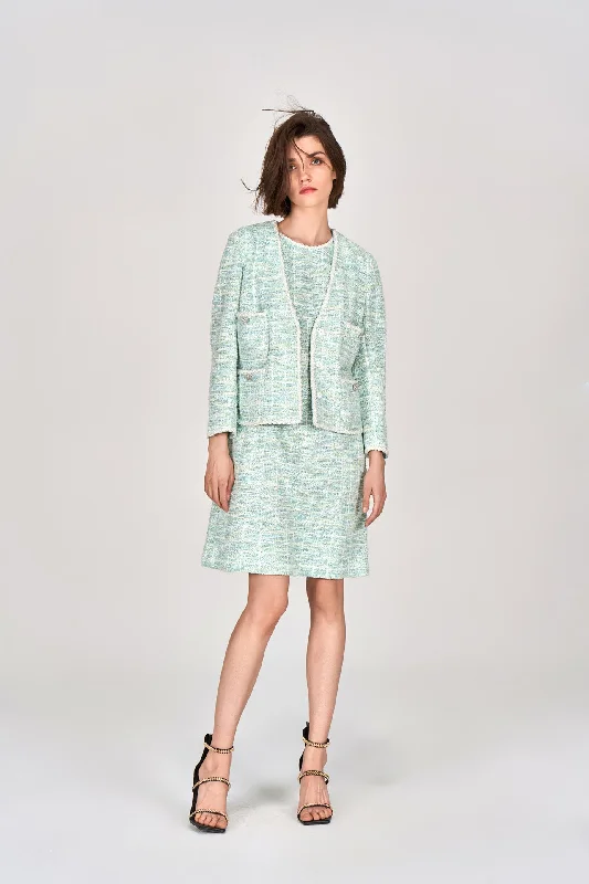 Mint Green V-neck Stretch Tweed Jacket