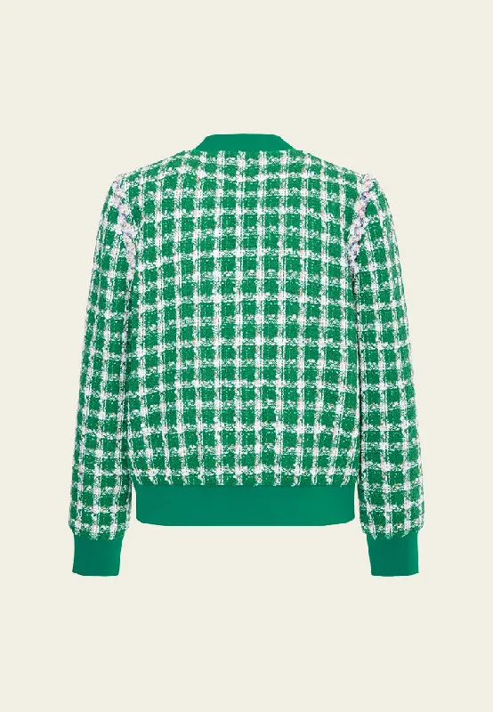 Emerald Green Check Tweed Bomber Jacket