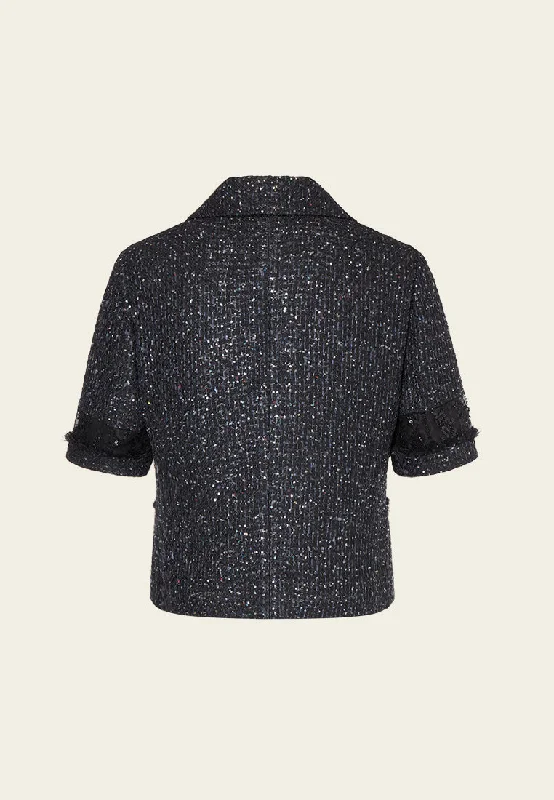 Black Shimmer Short Sleeves Tweed Jacket