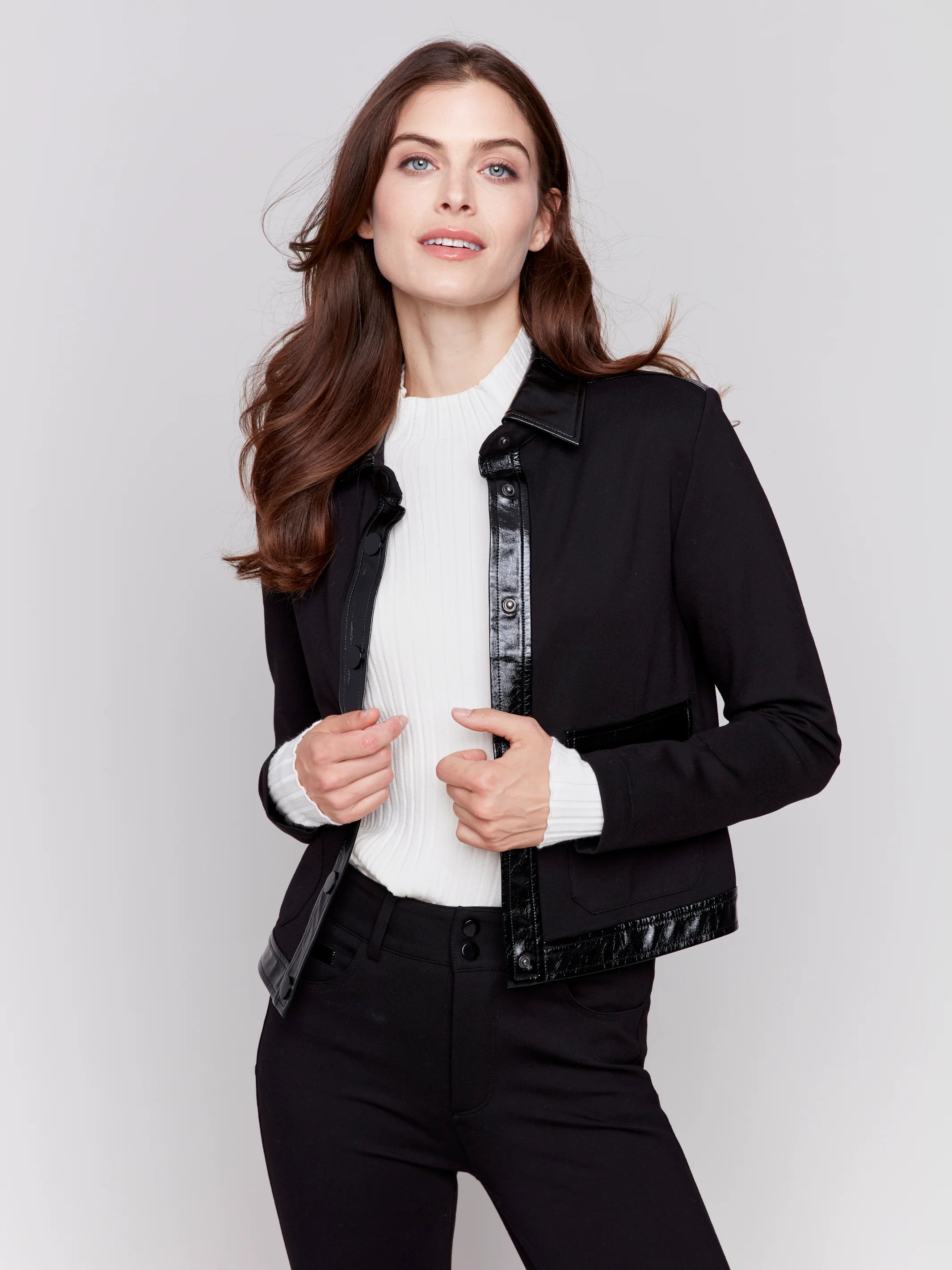 Charlie B Long Sleeve Jacket With Pleather Details - C6343-633B