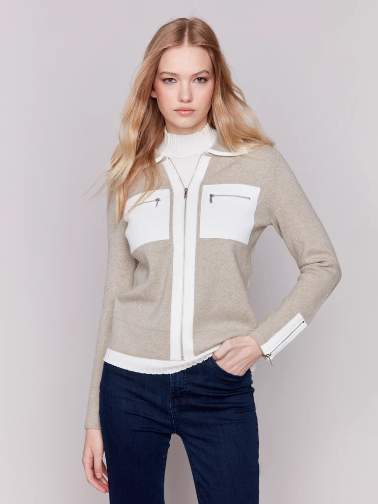 Charlie B Sweater Jacket With Patch Pocket And Zipper - C6344 - 739B